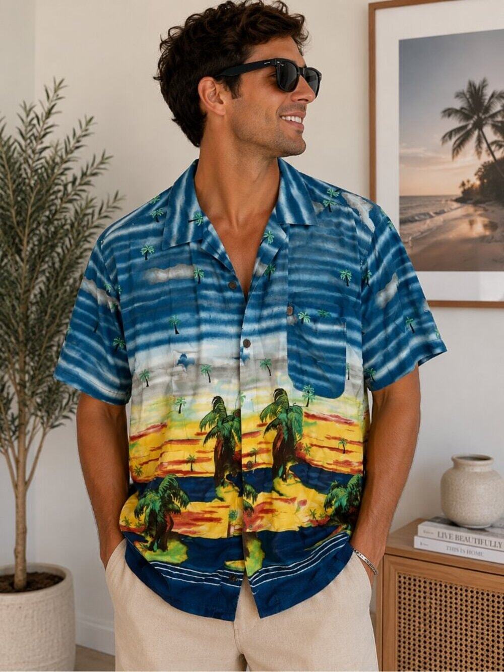 Pineapple Connections Hawaiian Shirt Medium Blue Tropical Palm Trees Rayon